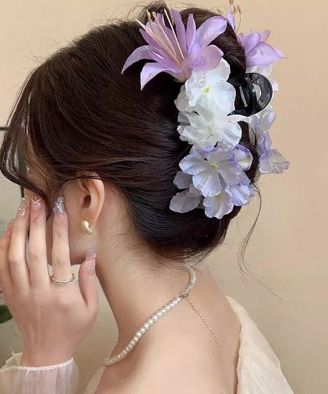 Women's Hair Clip Lightweight Plastic Purple Floral Shark Design - OutfitLondon