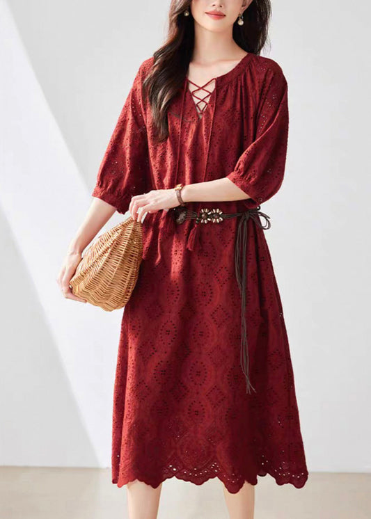 Women's Red Lace Maxi Dress V Neck With Pockets - OutfitLondon