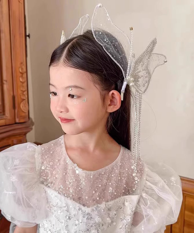 Girls Hair Clip White Alloy Tulle Pearl Accents - OutfitLondon