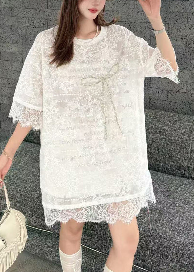 Women's White Lace Day Dress Oversize with Patchwork - OutfitLondon