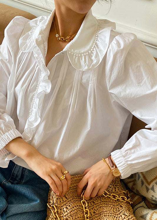 Women's Cotton Blouse Ruffles Peter Pan Collar White - OutfitLondon