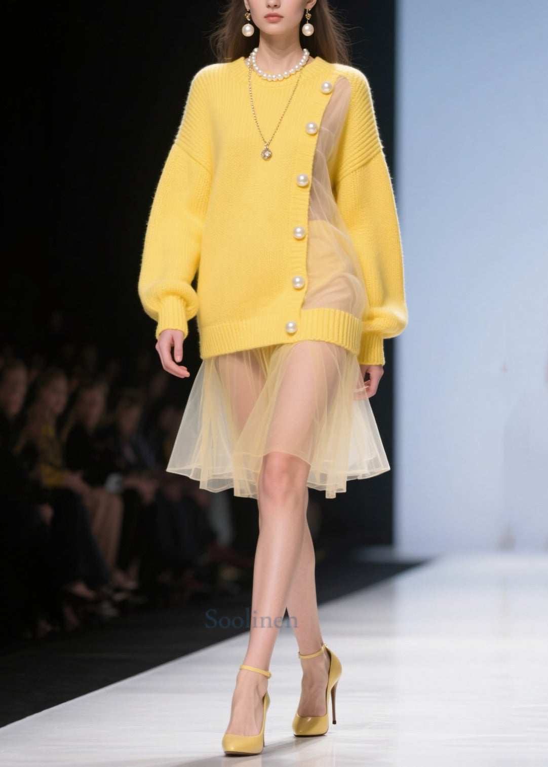 Women's Yellow Tulle Knit Dress Pearl Embellished - OutfitLondon