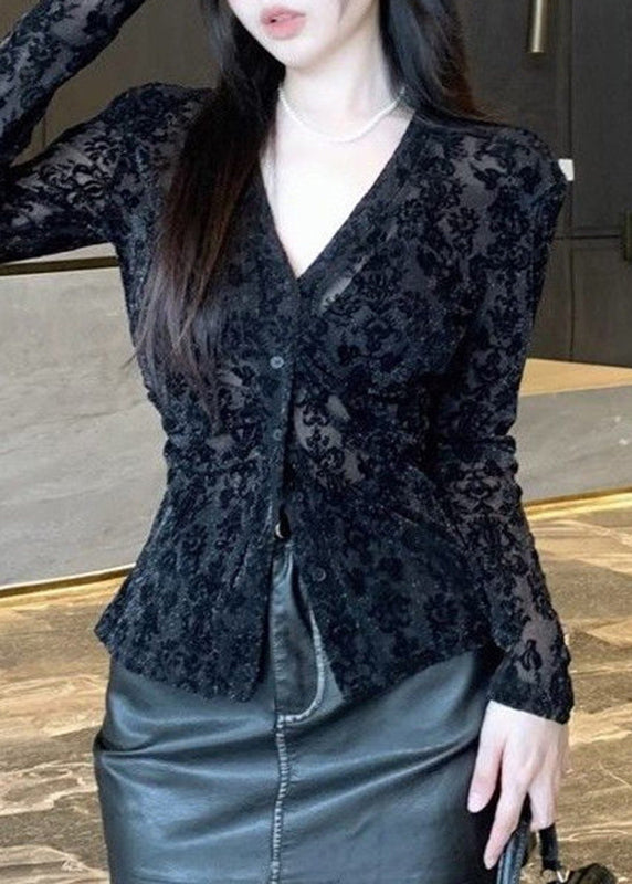 Women's Black Lace V Neck Comfortable Fit - OutfitLondon