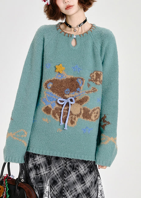 Women's Oversized Knit Sweater Soft Blue Bear Pattern - OutfitLondon