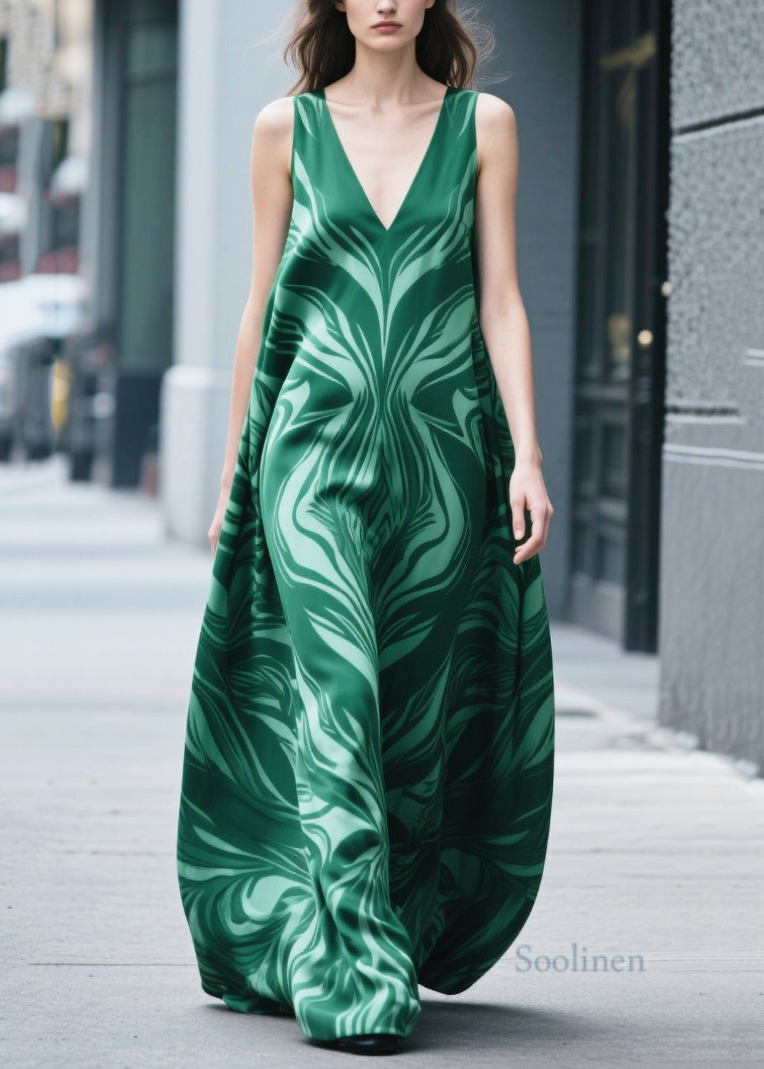 Women's Emerald Green Silk Chiffon Gown Sleeveless - OutfitLondon