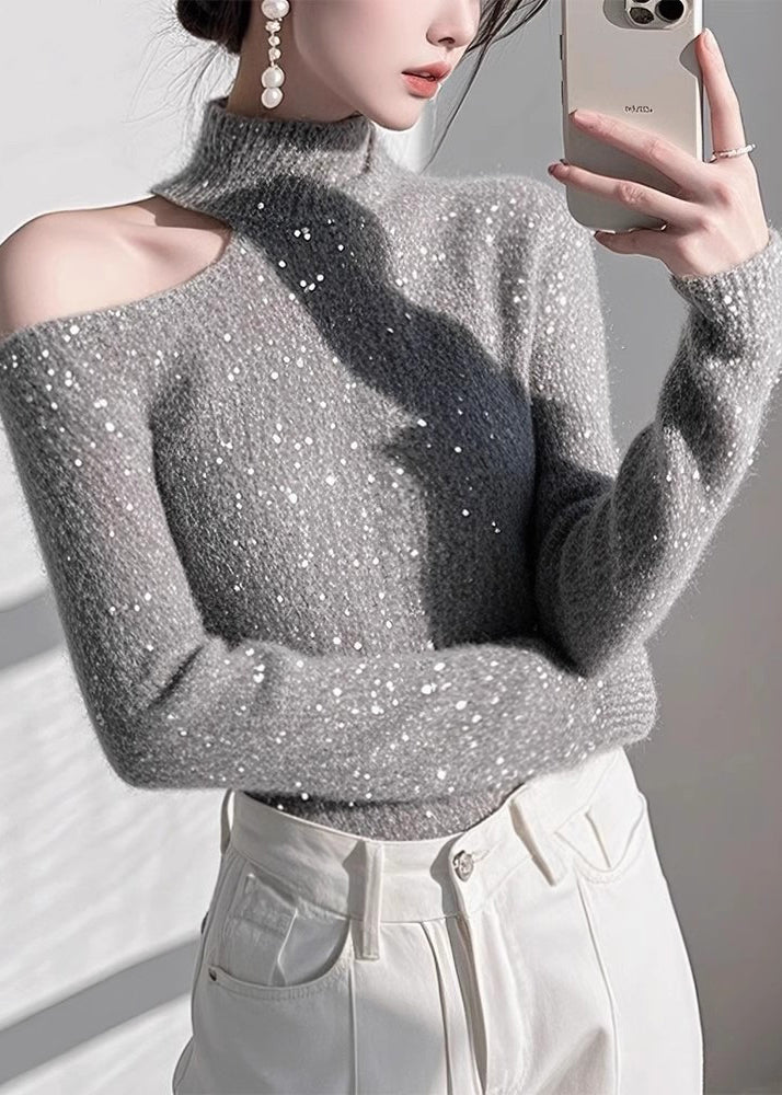 Women's Off Shoulder Sequin Lightweight Knitwear - OutfitLondon