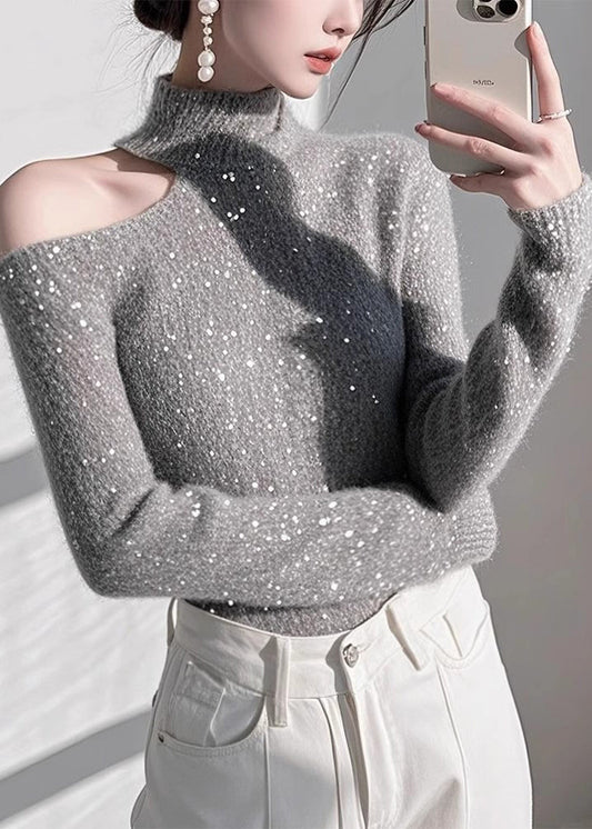 Women's Off Shoulder Sequin Lightweight Knitwear - OutfitLondon