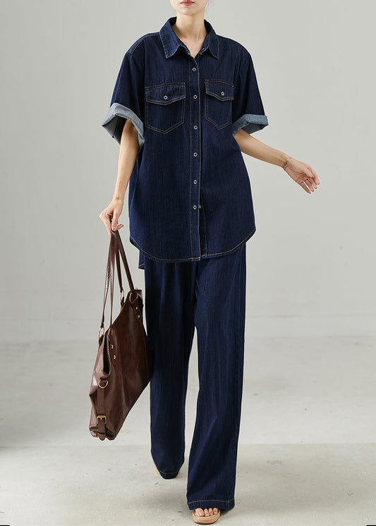Women's Navy Blue Denim Set Oversized - OutfitLondon