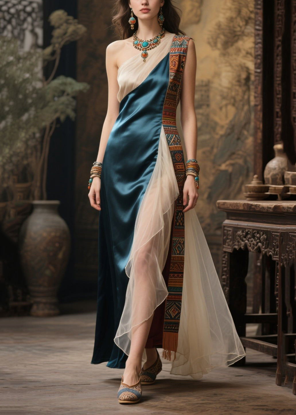 Women's Blue Tulle One Shoulder Evening Gown - OutfitLondon