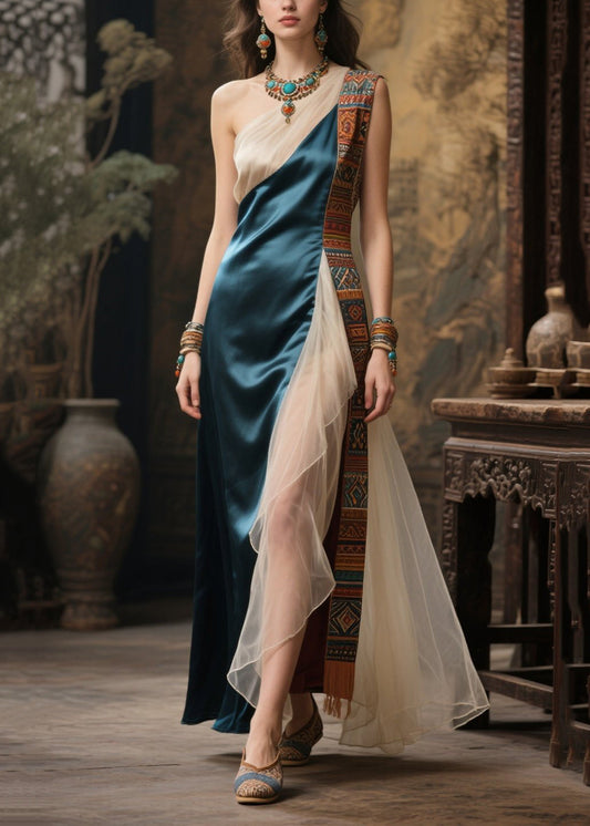 Women's Blue Tulle One Shoulder Evening Gown - OutfitLondon