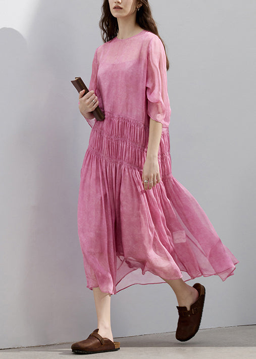 Women's Silk Patchwork Summer Dress Lightweight Rose Pink - OutfitLondon