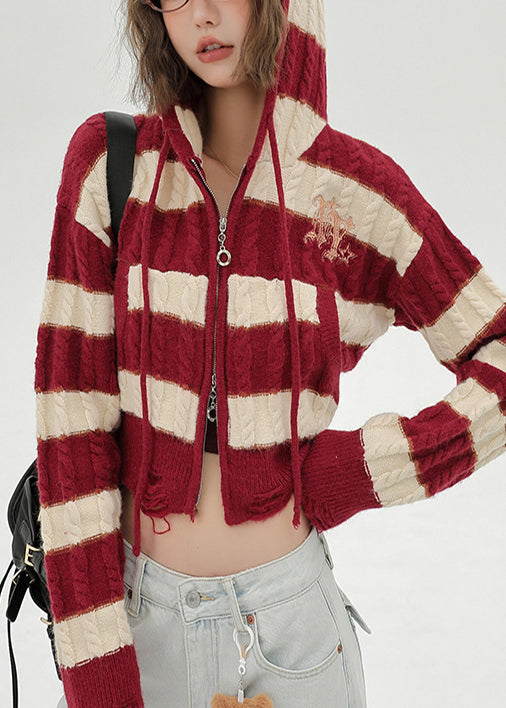 Women's Red Knit Hooded Winter Coat Fitted - OutfitLondon
