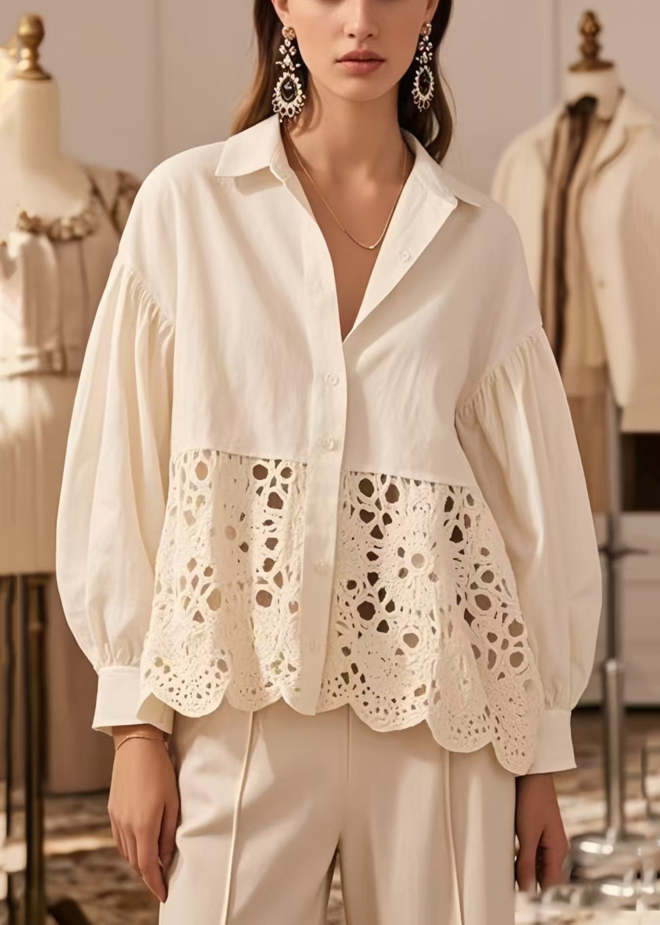 Women's White Cotton Patchwork Blouse Openwork Detail - OutfitLondon
