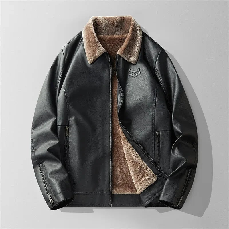 Warm Vegan Leather Coat with Fleece Lining