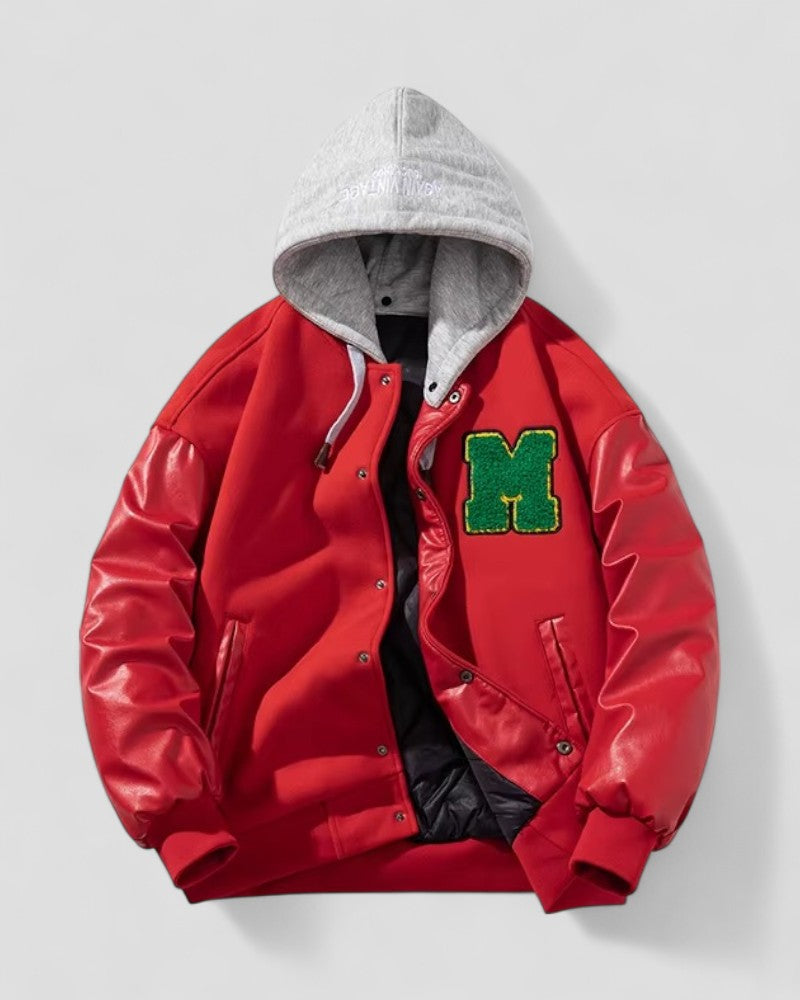 Warm Fleece Varsity Jacket with Synthetic Leather Sleeves - OutfitLondon