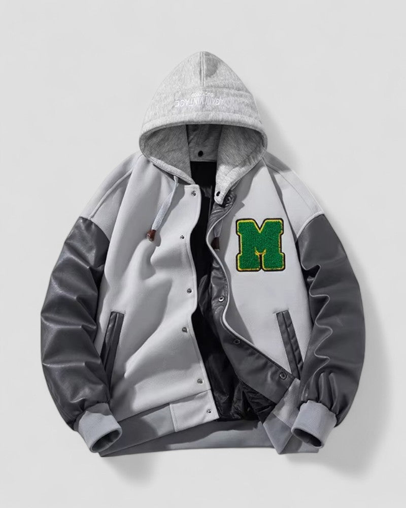 Warm Fleece Varsity Jacket with Synthetic Leather Sleeves