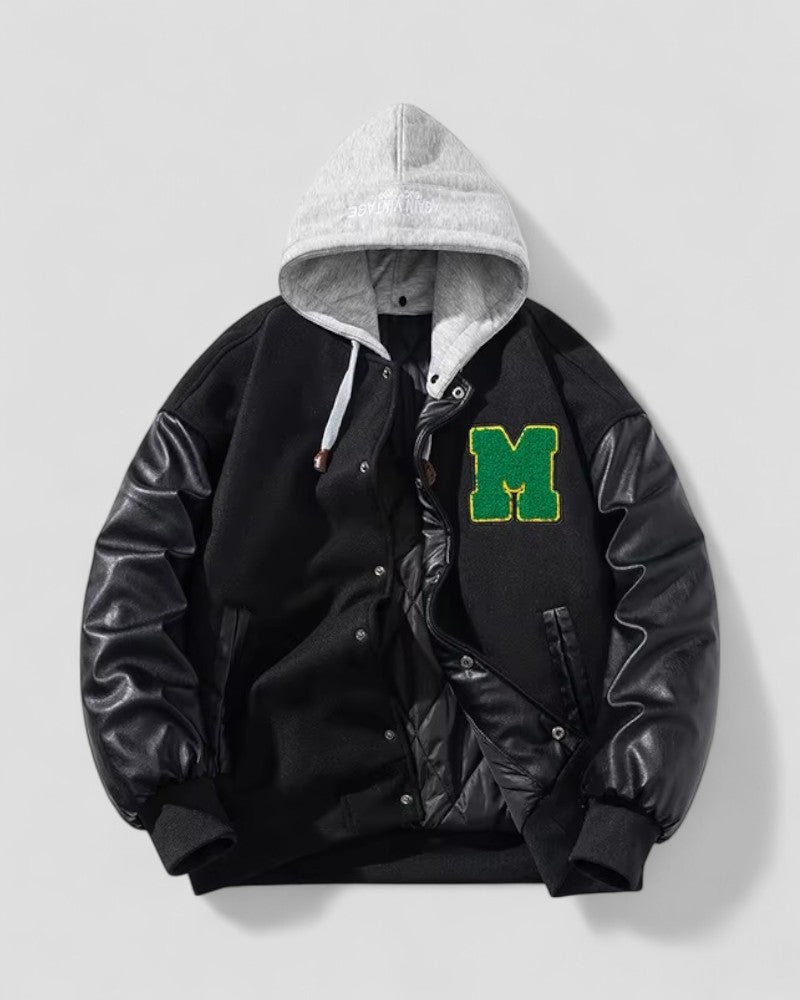 Warm Fleece Varsity Jacket with Synthetic Leather Sleeves