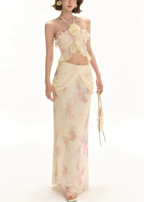 Women's Silk Chiffon Two-Piece Apricot Floral Set - OutfitLondon