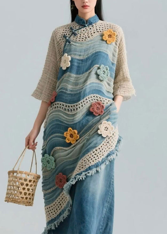Women's Patchwork Knit Blouse Blue Floral Plus Size - OutfitLondon