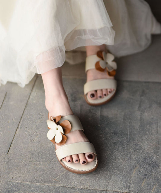 Women's Leather Platform Sandals Cushioned Beige Floral Cowhide - OutfitLondon