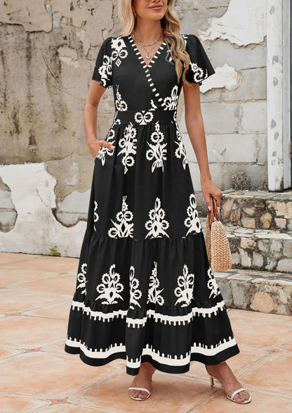 Comfy Floral Long Sleeve Maxi Dress with Pockets