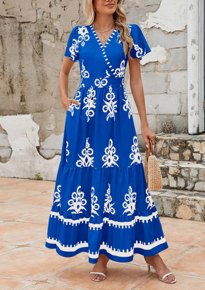 Comfy Floral Long Sleeve Maxi Dress with Pockets