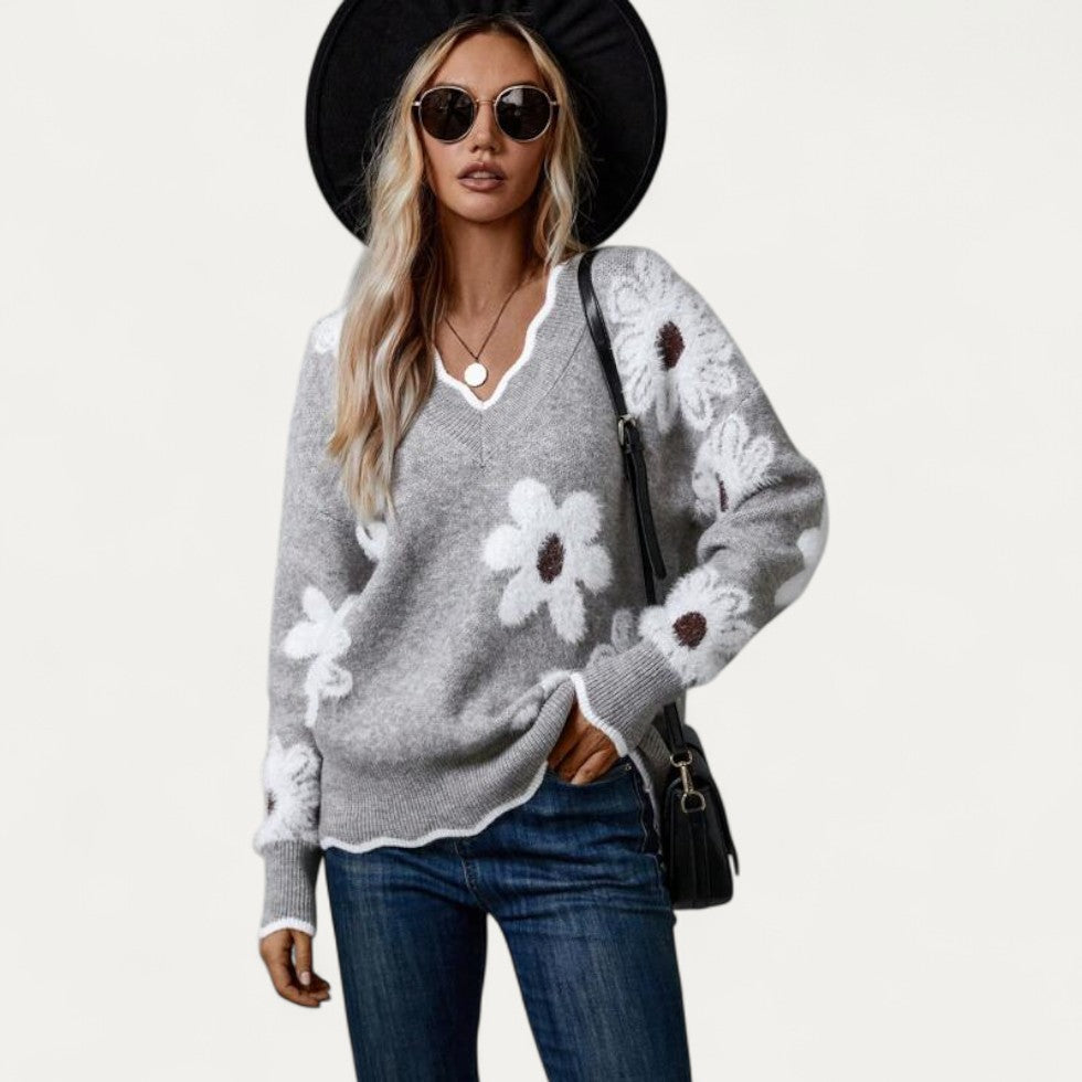 Ladies Large Floral Crew Neck Sweater - OutfitLondon