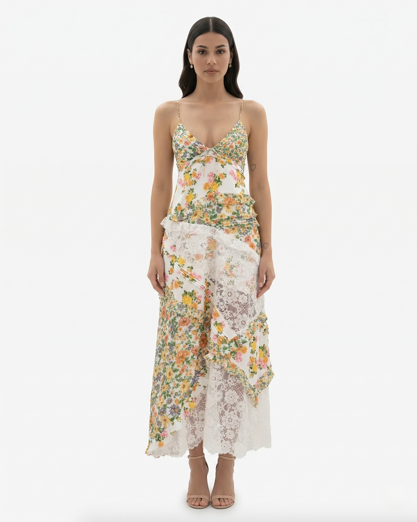 Elegant V Neck Maxi Dress with Lace Details - OutfitLondon