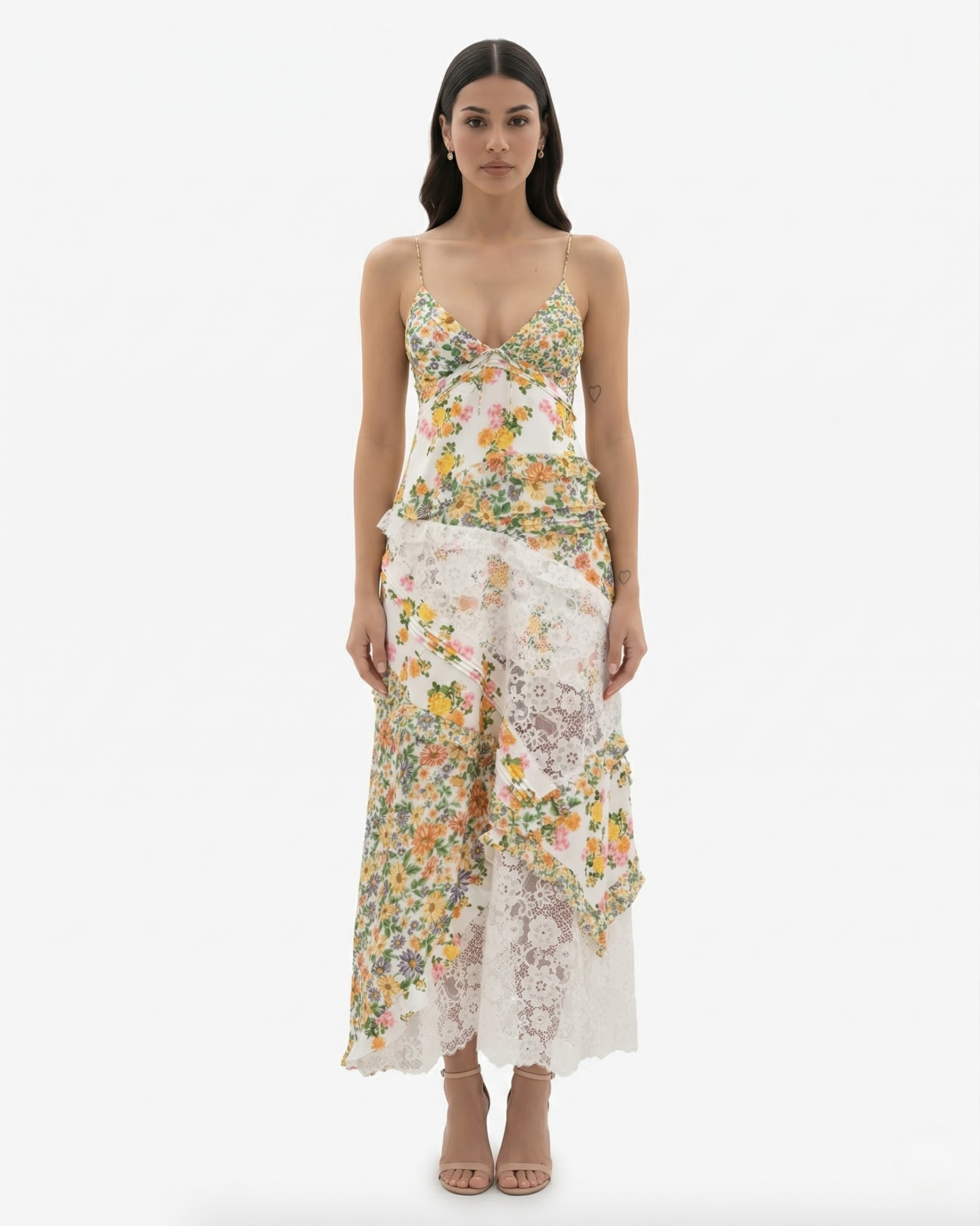Elegant V Neck Maxi Dress with Lace Details - OutfitLondon