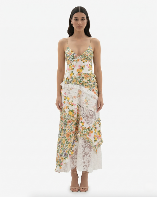 Elegant V Neck Maxi Dress with Lace Details - OutfitLondon
