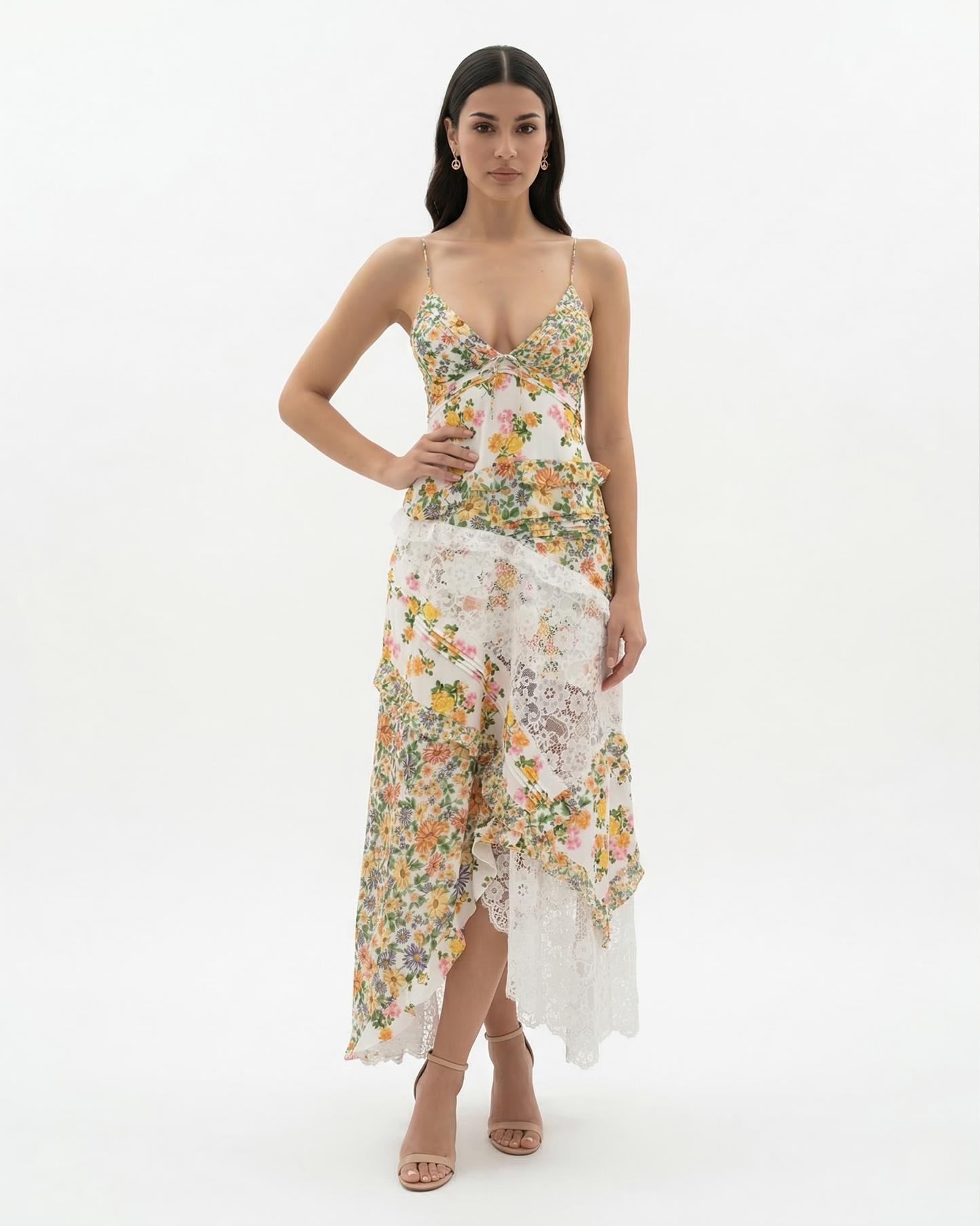 Elegant V Neck Maxi Dress with Lace Details