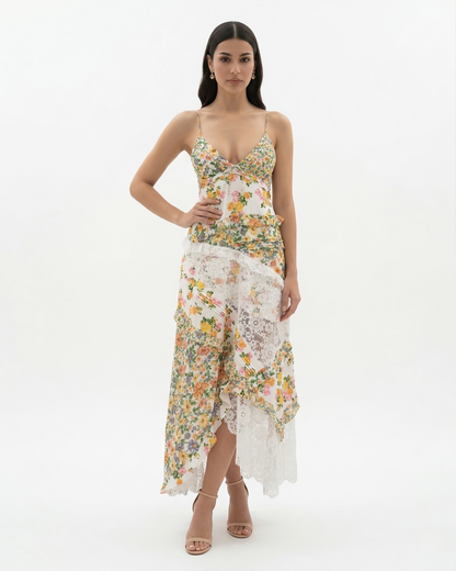Elegant V Neck Maxi Dress with Lace Details