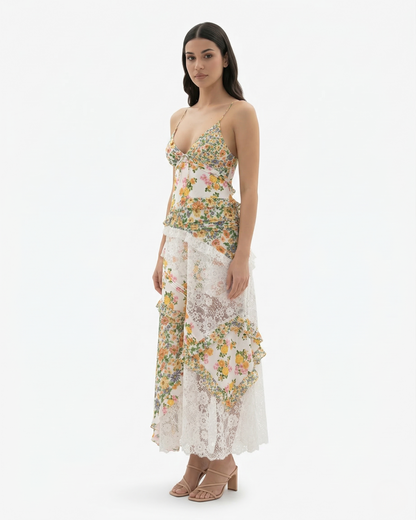 Elegant V Neck Maxi Dress with Lace Details