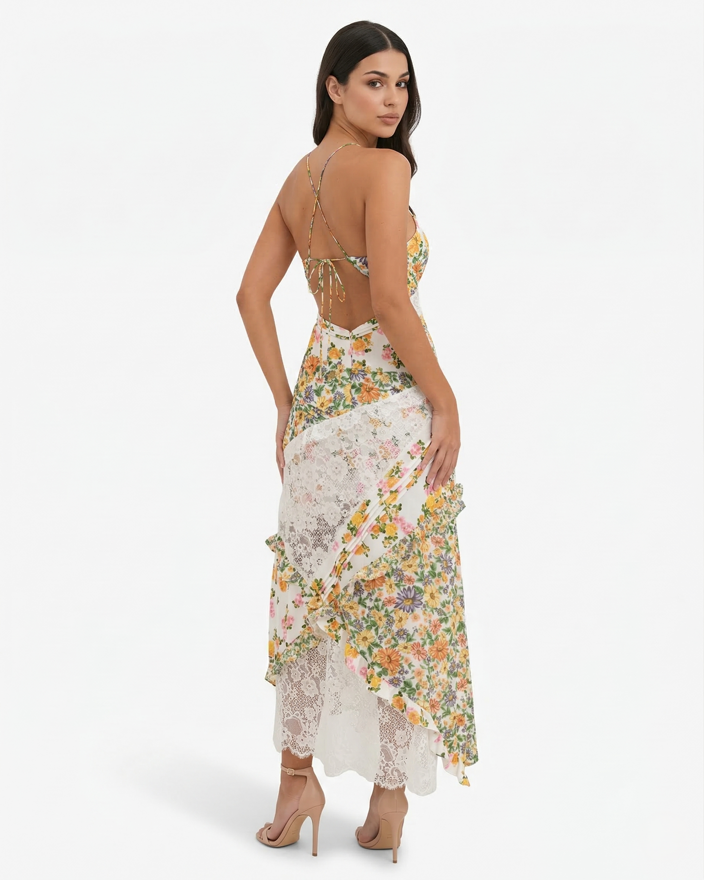 Elegant V Neck Maxi Dress with Lace Details
