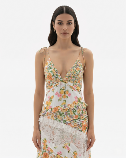 Elegant V Neck Maxi Dress with Lace Details