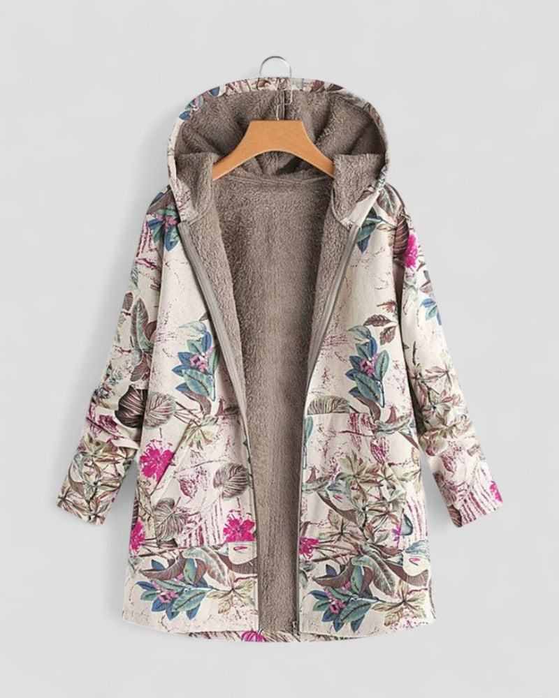 Warm Cozy Hooded Fleece Jacket with Floral Design - OutfitLondon