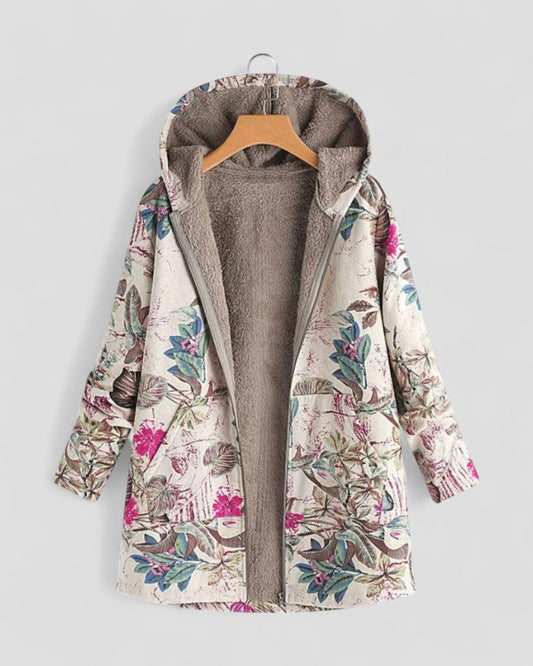 Warm Cozy Hooded Fleece Jacket with Floral Design - OutfitLondon