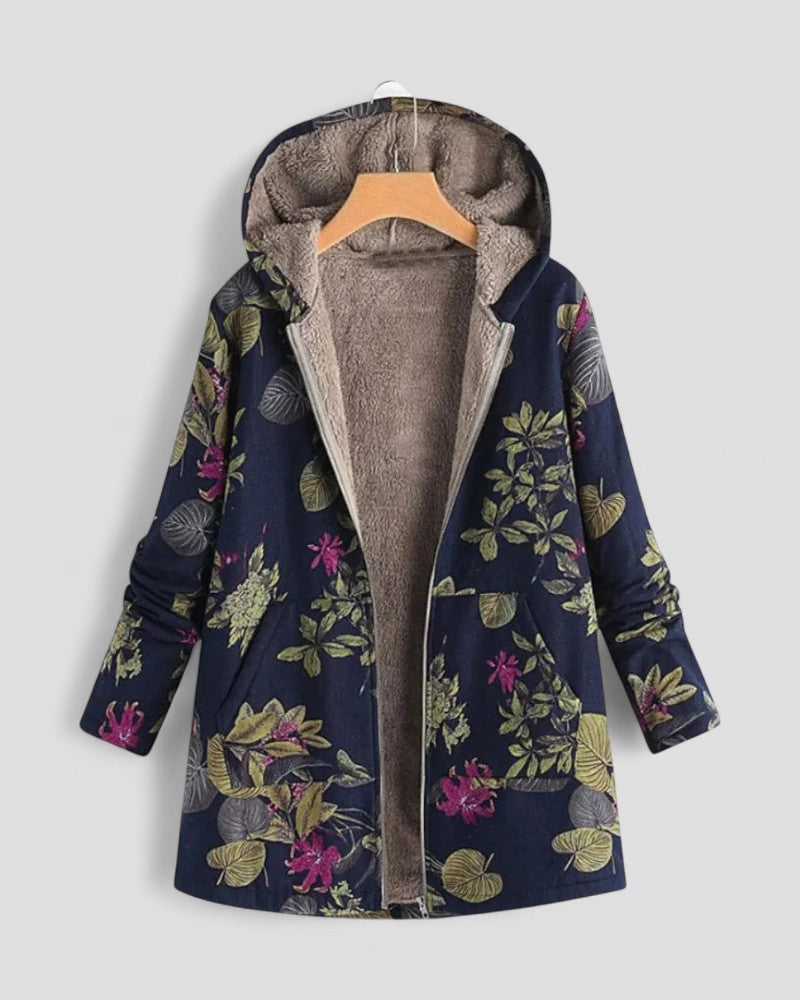 Warm Cozy Hooded Fleece Jacket with Floral Design