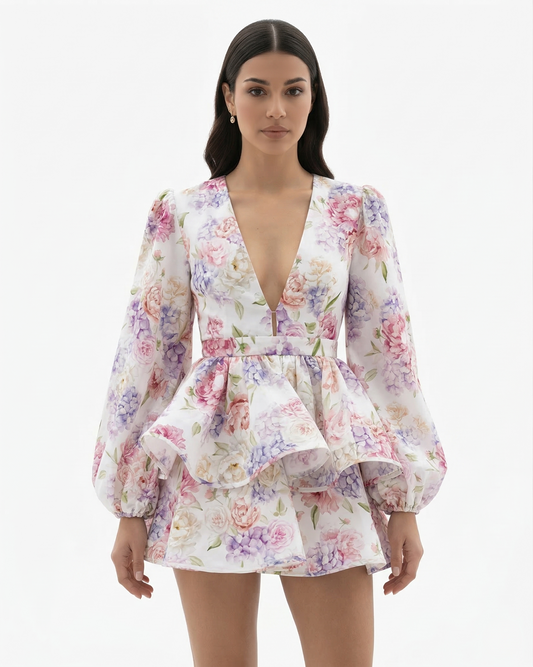 Cute Summer Mini Dress V Neck Puffy Sleeves Ruffles - OutfitLondon
