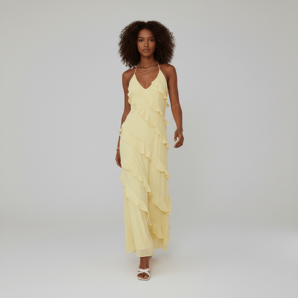 Elegant V Neck Ruffled Maxi Dress for Ladies - OutfitLondon
