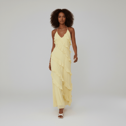 Elegant V Neck Ruffled Maxi Dress for Ladies - OutfitLondon
