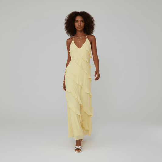 Elegant V Neck Ruffled Maxi Dress for Ladies - OutfitLondon