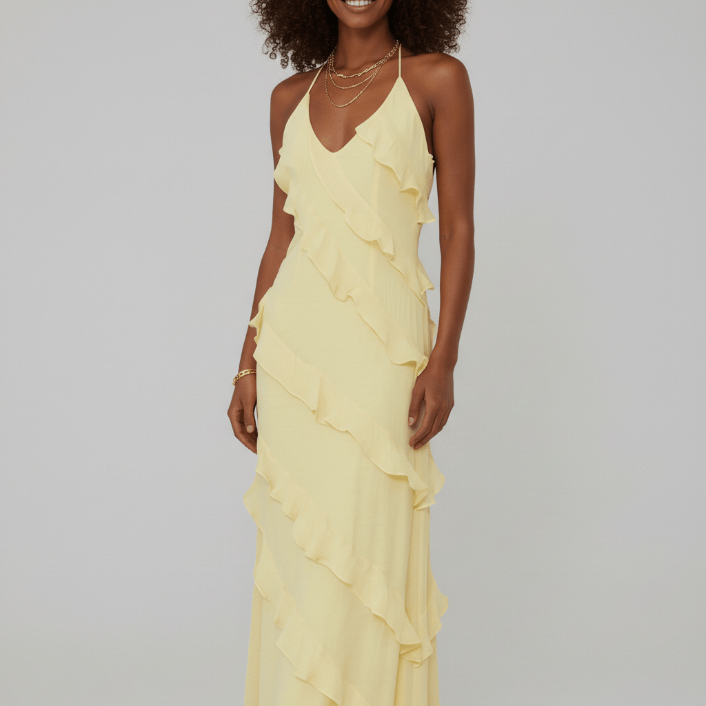 Elegant V Neck Ruffled Maxi Dress for Ladies