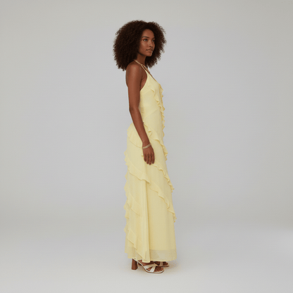 Elegant V Neck Ruffled Maxi Dress for Ladies