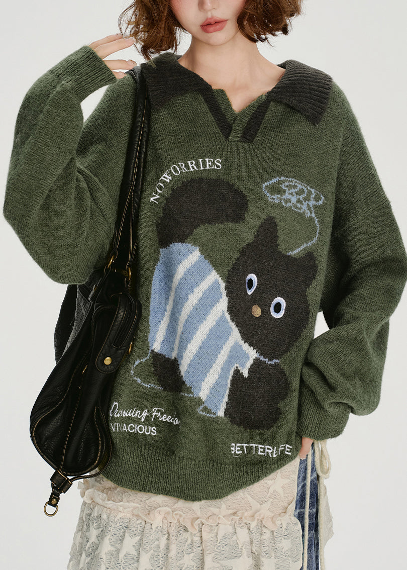 Dog Green Knit Sweater French Army Style Peter Pan Collar - OutfitLondon