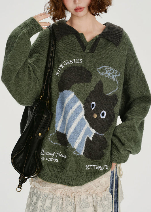 Dog Green Knit Sweater French Army Style Peter Pan Collar - OutfitLondon
