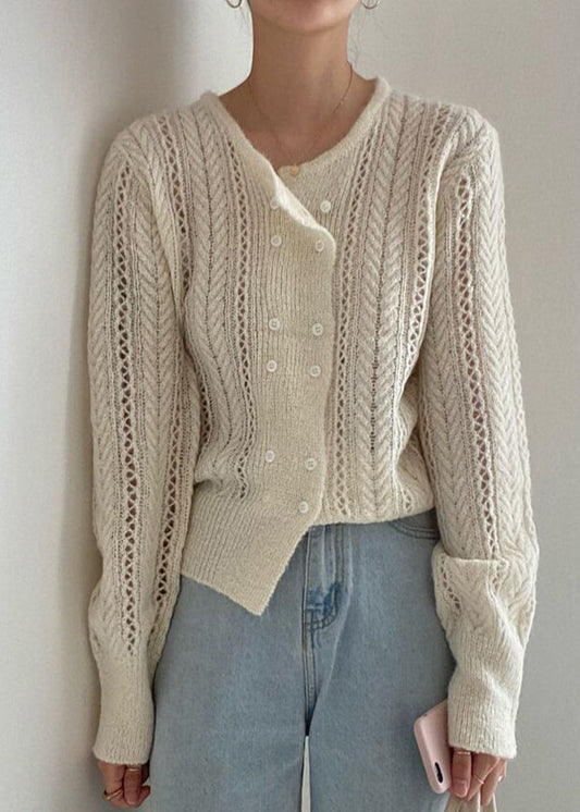 Women's Beige Knit Lightweight Double Button Casual - OutfitLondon
