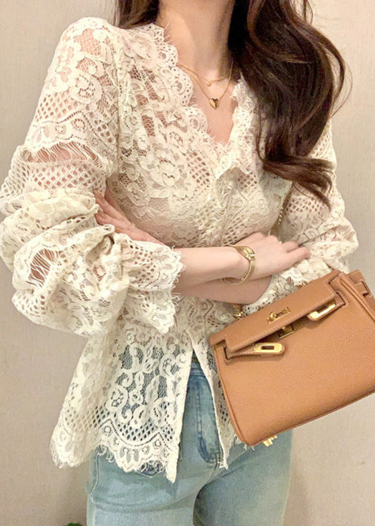 Women's Lace Ruffle Blouse Beige Buttons - OutfitLondon