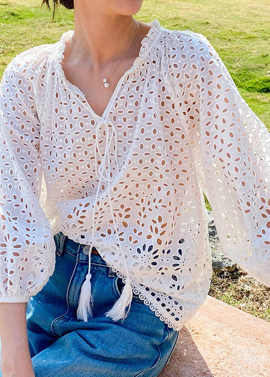 Women's Cotton Blouse V Neck Eyelet Beige - OutfitLondon