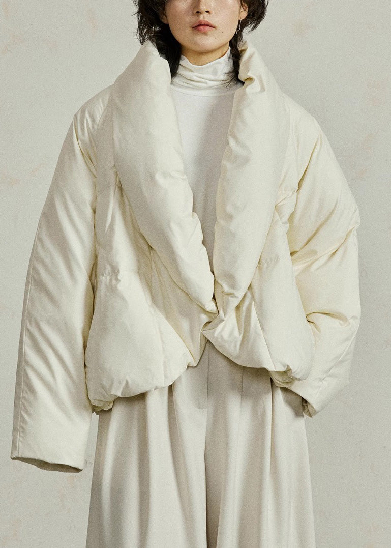Women's Beige Down Coat V Neck Warm Insulated Plus Size - OutfitLondon